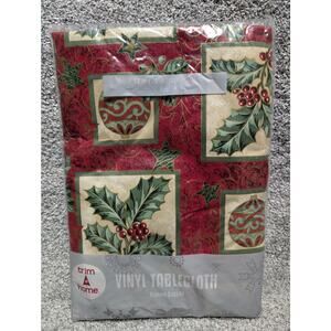 Vintage Trim A Home Christmas Vinyl Tablecloth 52x70 Oval Flannel Backed Holly